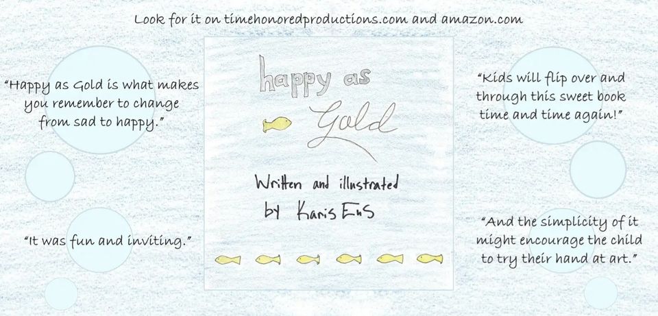 A graphic for the cover of Happy as Gold including various promotional quotes.